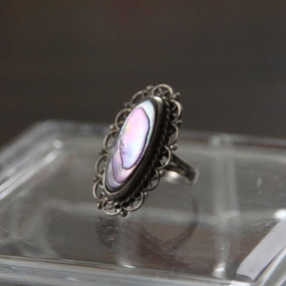 Abalone Mexico Silver Plate Filigree Ring Size 5.25 - Picture 3 of 10
